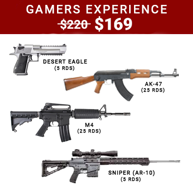 Gamers package shooting experience for $169 per person including the 50 cal desert eagle with 5 rounds, AK-47 with 25 rounds, M4 with 25 rounds and Sniper rifle with 5 rounds