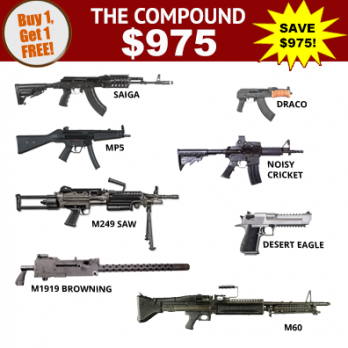 The Compound shooting experience package. Shoot 8 guns - draco, MP5, SAW M249, Browning 1919, M60, Desert Eagle, Noisy Cricket, and Saiga